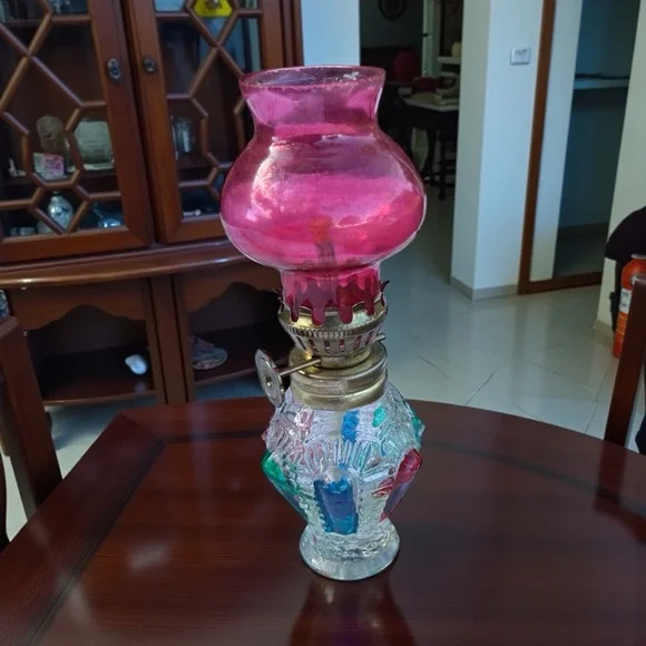 Vintage Mini Oil Kerosene Lamp Pink Glass Chimney Multicolor Glass Base 4 1/2” - Picture 3 of 3